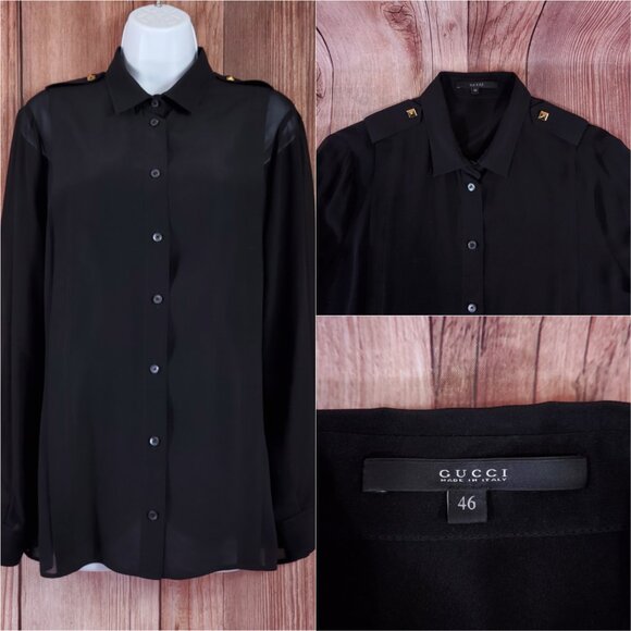 *READ* Gucci Black Sheer Blouse Shirt Studded Epaulets Long Sleeve Button Up - Picture 1 of 16